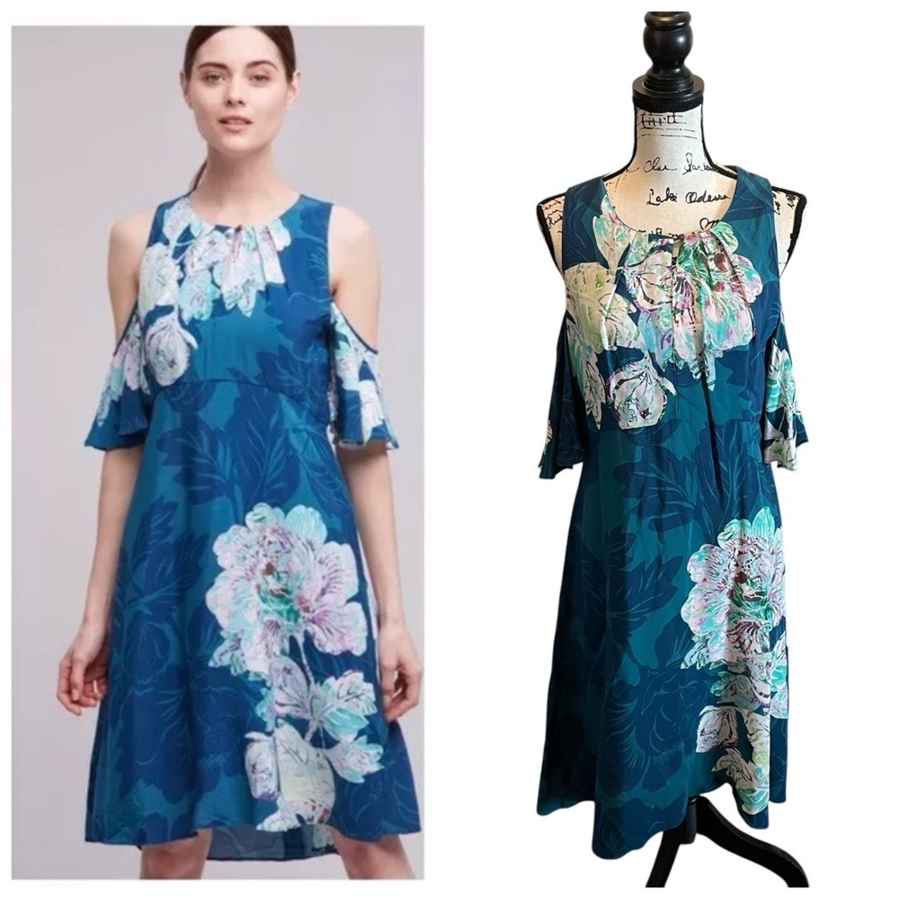 MAEVE Anthropologie Elia Floral Print Dress Cold Shoulder Blue Teal Size 10 NWOT